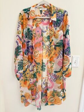 Fruity Tropical Patchwork Blouse Boho Sheer Floral Kimono Top Size L Oversized